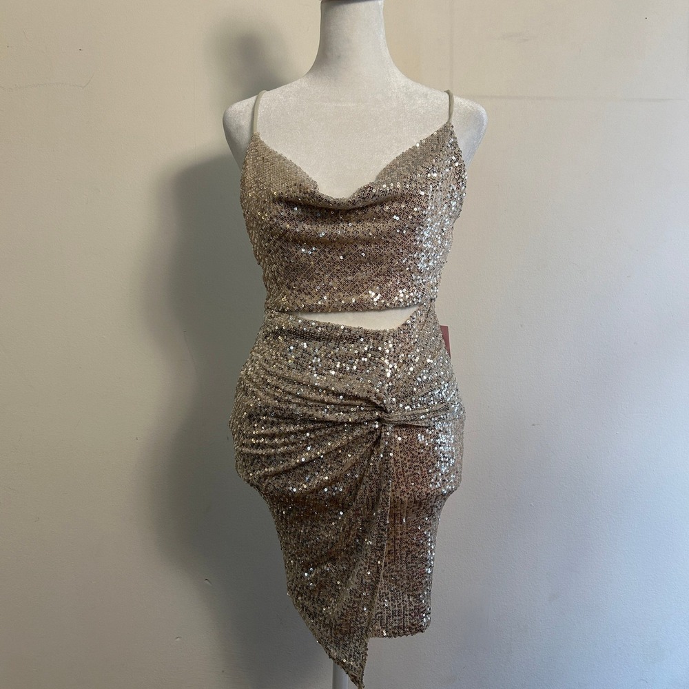Hello Molly Sequin Cutout Mini Dress Beige‎ XS NWT